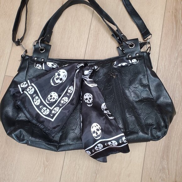 Skull Handbag Gothic Satchel Shoulder Crossbody Bag Black Purse Scarf Halloween - Picture 12 of 16